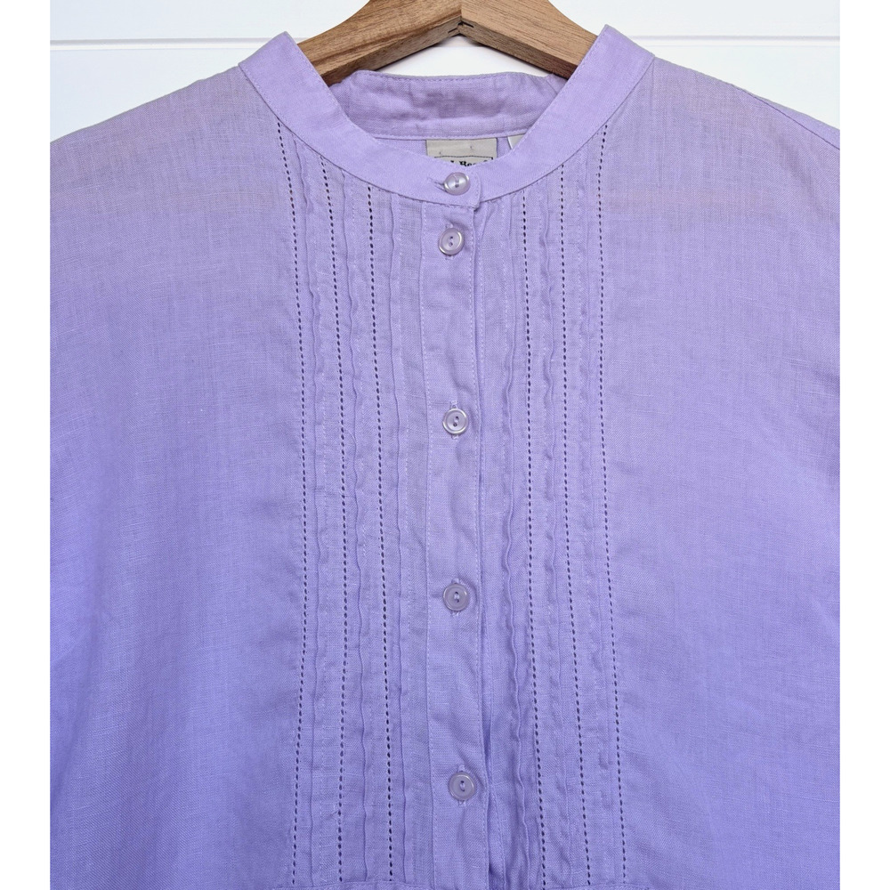 LL Bean Purple Linen Tunic Top Collarless Button Front Pintuck Pleats XL - Picture 8 of 15